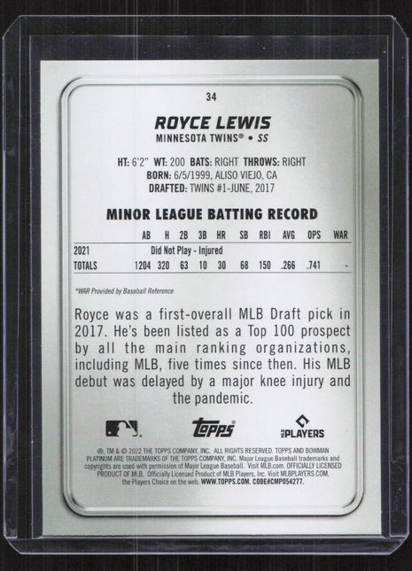 2022 Bowman Platinum Royce Lewis #55 RC