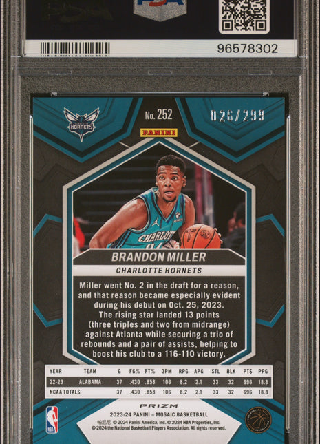 2023 Panini Mosaic Brandon Miller #252 Red Seismic 26/299 PSA 10