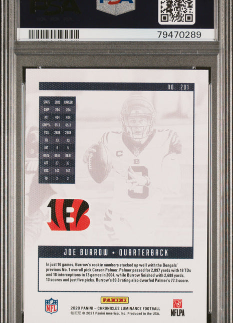 2020 Panini Chronicles Luminance Joe Burrow #201 Luminance Pink PSA 10