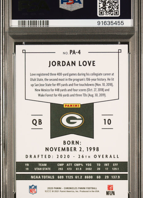 2020 Panini Chronicles Panini Jordan Love #PA4 Panini PSA 10