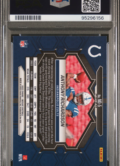 2023 Panini Mosaic NFL Debut Anthony Richardson #ND5 NFL Debut Reactive Blue PSA 9