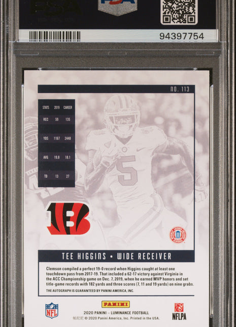 2020 Panini Luminance Tee Higgins #113 Autograph Blue PSA 10