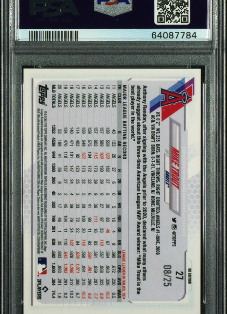 2021 Topps Uk Edition Mike Trout #27 Gold 8/25 PSA 10 POP 1